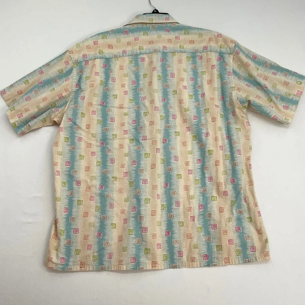 Moda Campia Moda Mens XL Cotton Button Down Shirt Geometric Spiral Ikat Teal Tan - Picture 2 of 9